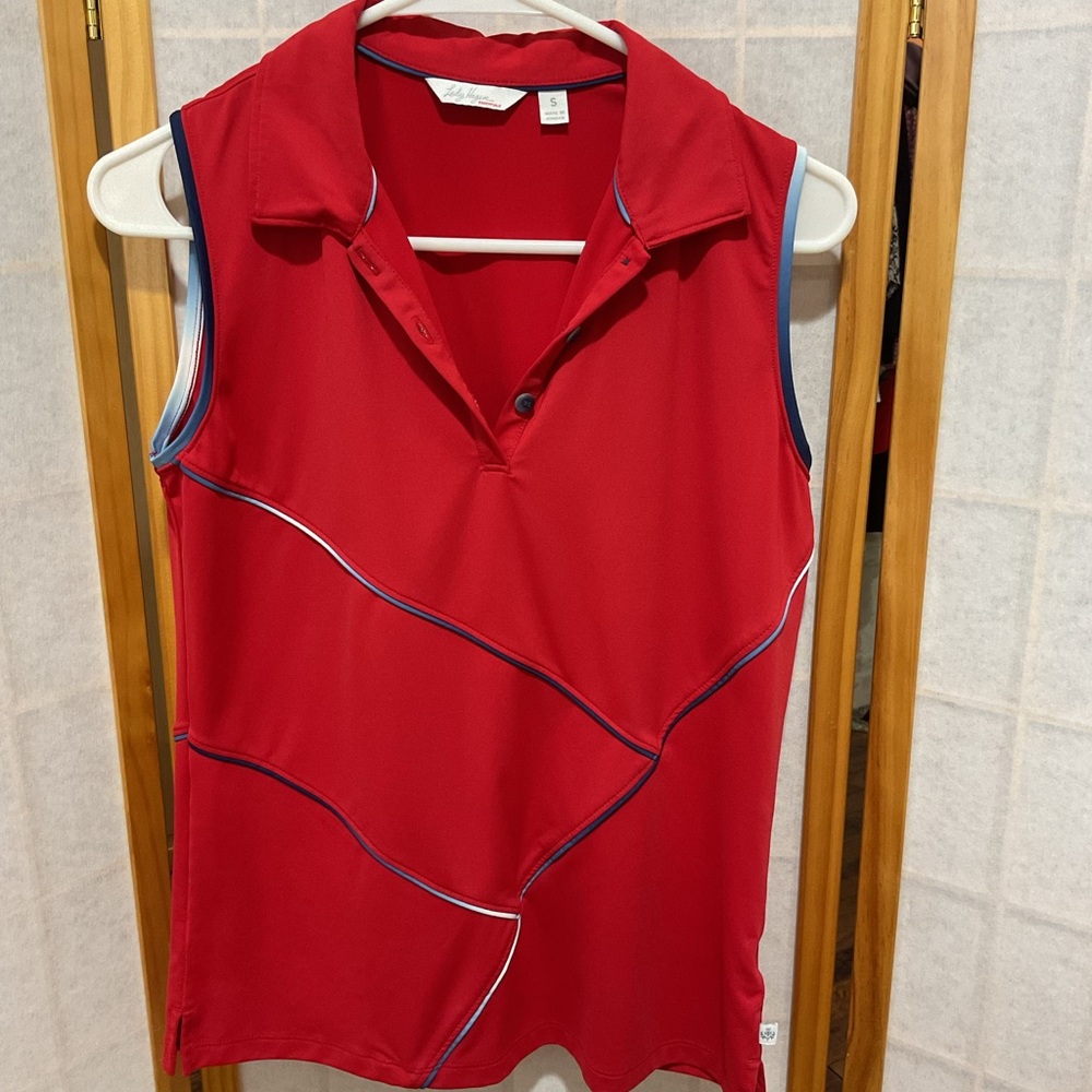 Lady Hagen Red Sleeveless Blouse with Blue Accents